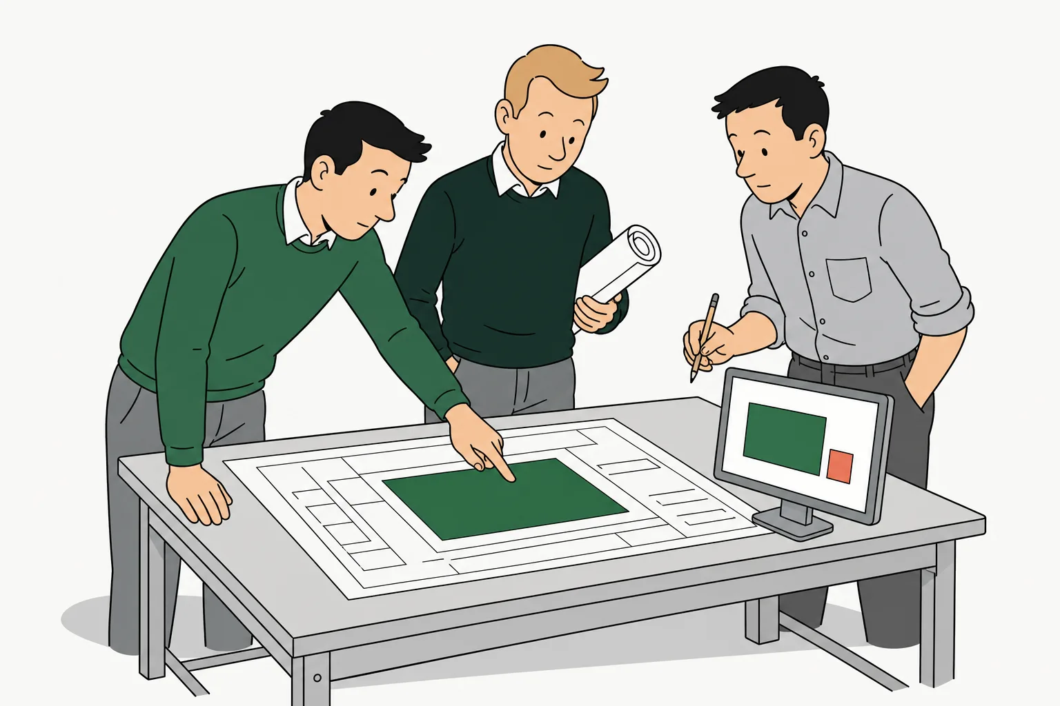 Software craftspeople reviewing a product blueprint together
